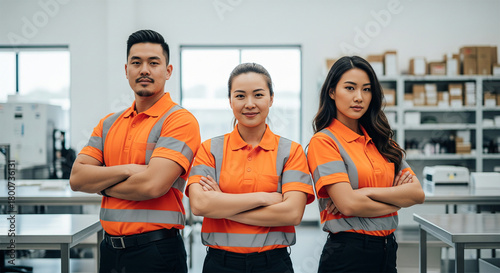 Three Asian warehouse workers in orange high visibility polo shirts with reflective stripes standing confidently