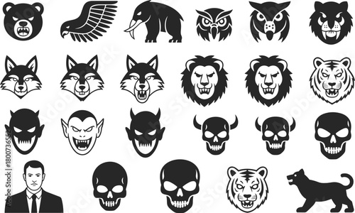Stylized animal heads, human faces, skull icons, black and white logo set, graphic design elements, vector illustration, branding concept pack