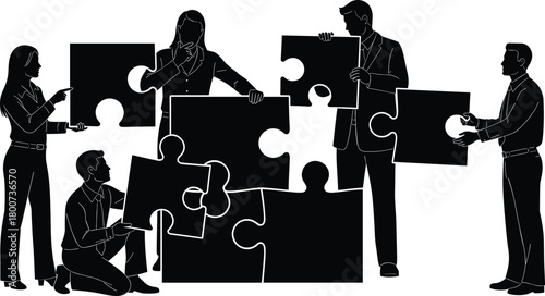 Teamwork, collaboration, problem solving, puzzle concept, business strategy, unity, silhouetted people, corporate success, leadership, group effort, partnership, synergy