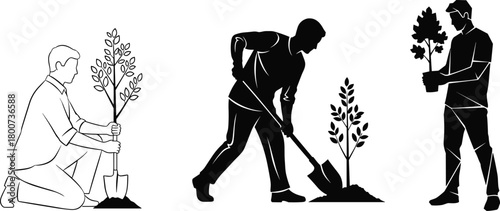 Tree planting activity with diverse people, environmental care, reforestation, eco-friendly action, nature conservation, green lifestyle, sustainability concept, teamwork