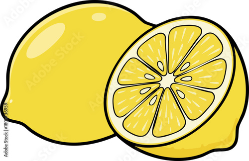 Bright Yellow Lemon Slice and Whole Fruit Illustration