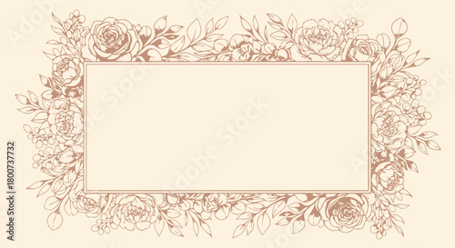 Classic ornamental frame with elegant rose flowers and leaves, a beautiful vintage botanical border for invitations or cards