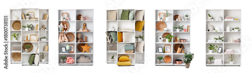 Set of shelving units on white background