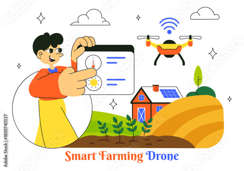 Smart Drone Farming Technology Vector Illustration Featuring a Farmer Managing His Industrial Farm Using a Tablet in a Flat Background