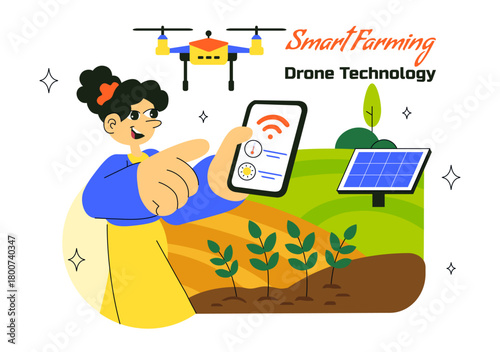 Smart Drone Farming Technology Vector Illustration Featuring a Farmer Managing His Industrial Farm Using a Tablet in a Flat Background