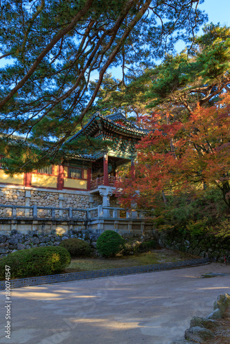 Autumn scenery of Bulguksa Temple in Gyeongju, Korea, with its beautiful red maple trees.