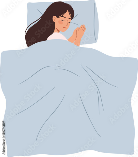 Illustration of a woman sleeping peacefully in bed with a pillow under her head and a blanket covering her body against a clean white background.