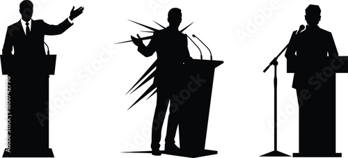 Silhouette speakers at podium, political debate, public speech, betrayal concept, leadership conflict, microphone scene, dramatic tension, opinion expression