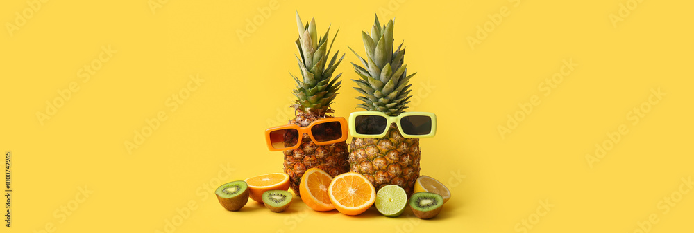 Fototapeta premium Fresh pineapples with sunglasses, different citrus fruits and kiwi on yellow background
