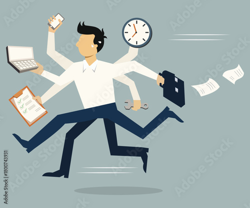 Multitasking work done by employees. Depicted running fast to finish the job