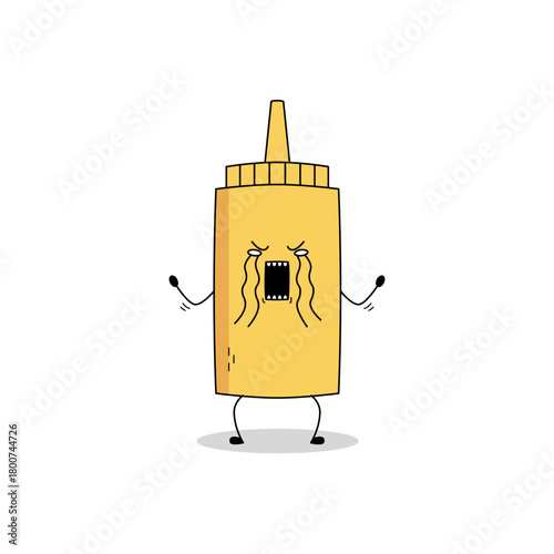 Cute yellow mustard bottle cartoon character crying doodle