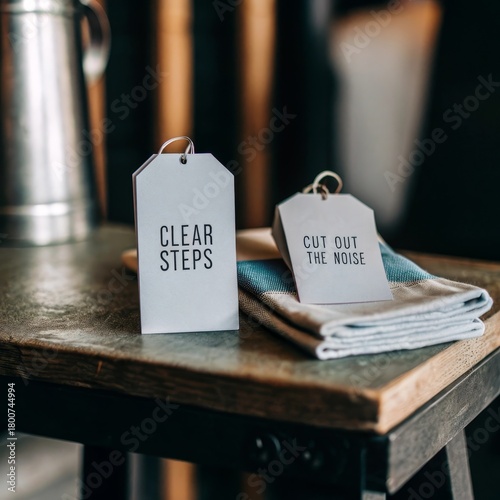 Two Tags with Text on Table