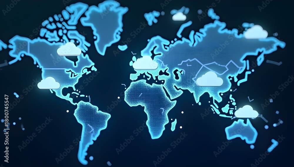 Obraz premium Global Multi-Cloud Infrastructure Map with Connected Data Networks