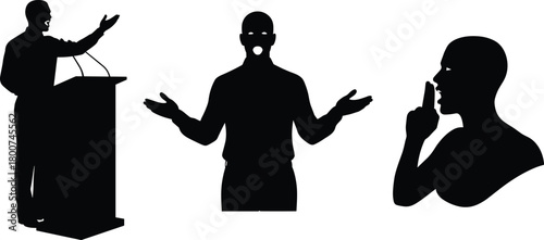 Silhouette people in communication poses, public speaking, expressive gestures, silence request, podium speech, nonverbal cues, presentation, leadership concept