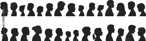 Silhouette profile set, diverse people, head shapes, hairstyle variation, black vector, side view, individuality, inclusion, community, demographic design
