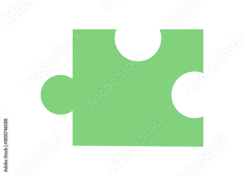 Flat green jigsaw puzzle silhouette. Simple boardgame piece in bright style. Classic puzzle toy for fun and play. Great for childrens games and strategy activities at table.