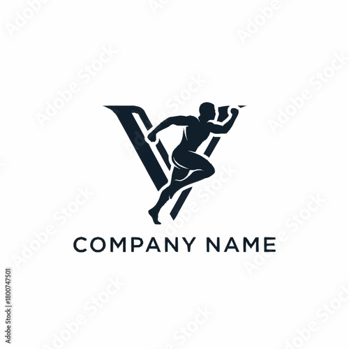 Dynamic runner silhouette integrated into a bold letter V design for athletic branding.