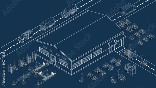 Automated warehouse operations using AGVs and AMRs for robotic material handling and transportation. Vector illustration EPS 10