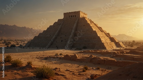 Babylonian ziggurat illuminated by sunse