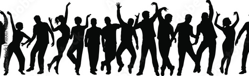 Silhouette dancers posing, expressive movement, black vector people, dance art, body language, rhythm, performance, white background, energetic motion, unity