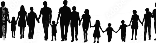 Silhouette group holding hands, unity, community, diversity, togetherness, family bond, people connection, teamwork, support, inclusive design, vector illustration