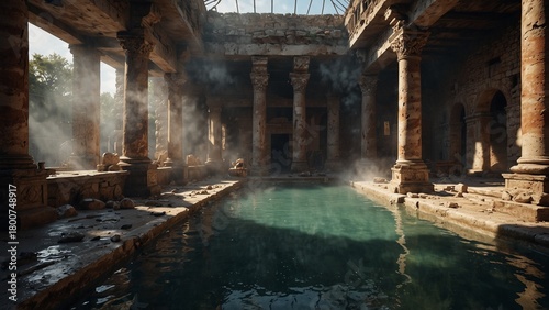 Roman bathhouse ruins with steam rising