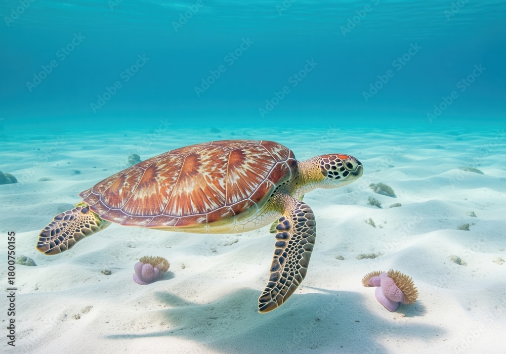 Fototapeta premium Green sea turtle swimming gracefully over white sand in clear turquoise tropical ocean water.