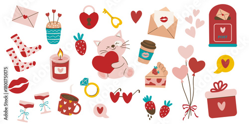 A big Valentine's Day set with romantic symbols of love. Hearts, chocolate covered strawberries, champagne, balloons, gifts, stuffed animal, cat. Cute love stickers set for daily planner and diary. 