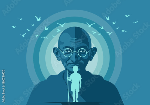 Artistic blue illustration of Mahatma Gandhi with a child silhouette and birds of peace.