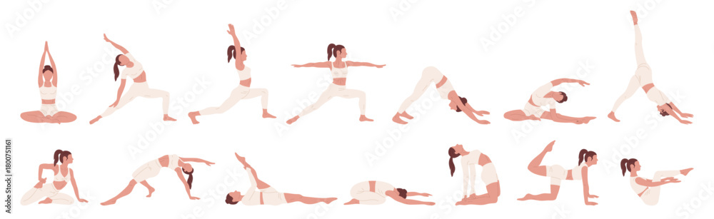 Fototapeta premium Women do yoga and Pilates exercises cartoon set. Healthy wellness lifestyle. Slim young woman doing various fitness stretching, meditation and relaxation, gym sport body training vector illustration