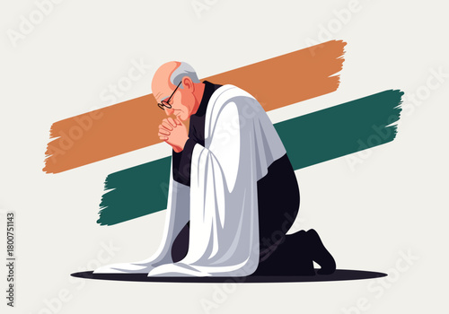 Praying Priest Illustration with White Cape and Glasses.
