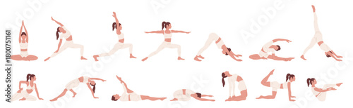 Women do yoga and Pilates exercises cartoon set. Healthy wellness lifestyle. Slim young woman doing various fitness stretching, meditation and relaxation, gym sport body training vector illustration