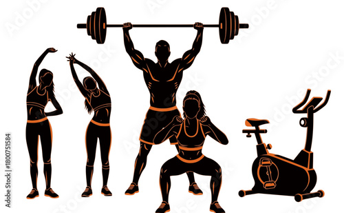 silhouettes of people engaged in various sports and exercises, including weightlifting, stretching, squats, and stationary cycling