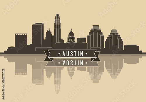 Austin Texas City Skyline Vector Illustration with Reflection and Banner.