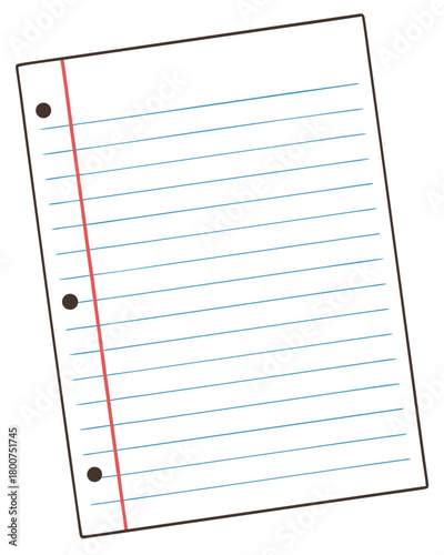 Blank lined notebook paper with red margin, blue horizontal lines, and three binder holes on white background.