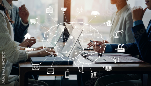 会議するビジネスパーソンのグループとAI・人工知能のコンセプト