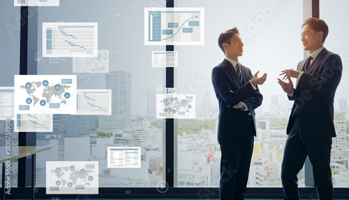 会議するビジネスパーソンのグループとビジネスデータのコンセプト