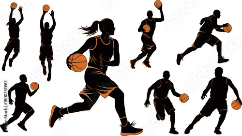 Silhouettes of basketball players in various poses: shooting, dribbling and running with the ball.