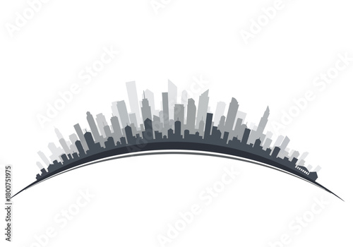 Curved city skyline silhouette with modern skyscrapers in grayscale tones.