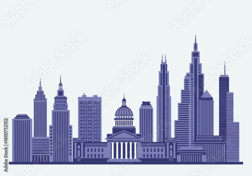 City Skyline Silhouette with Buildings and Landmarks in Blue.