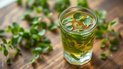 woodruff. Woodruff leaves floating in herbal tea on a wooden table with natural green tones. bar promotions, beverage menus, designed for food & beverage menus and cafe branding.
