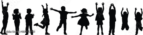 Silhouette children jumping, dancing, running, playful kids in motion, energetic youth, happy childhood, black vector, isolated white background
