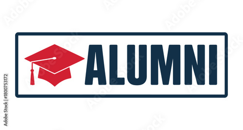 A red graduation cap sits next to the word "ALUMNI" in dark blue capital letters on a white background within a dark blue border.