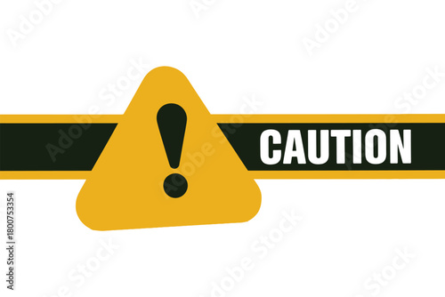 A yellow triangular caution sign with a black exclamation mark is placed on a black and yellow striped background with the word "CAUTION" written in white letters on the black stripe.