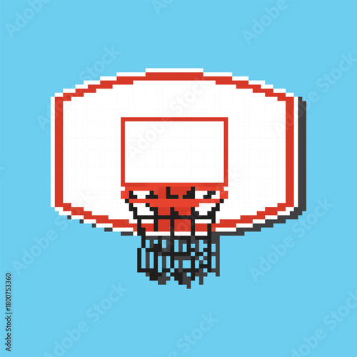 Classic pixel art basketball backboard and hoop isolated on a bright blue background