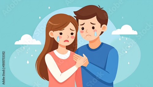 A sad cartoon depicting a man comforting a woman, both with tears falling from their eyes. Rain and clouds fill the background