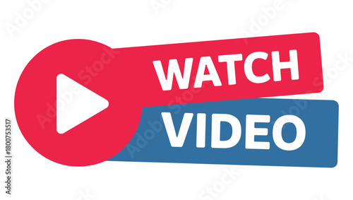 A bright red circular button with a white play icon is next to a red banner that says WATCH, with a blue banner below it that says VIDEO, indicating a call to action for viewing media.