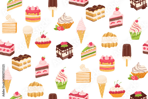 Cakes, pieces of cake, ice cream desserts vector seamless pattern. Birthday various slices cakes texture boundless background. Sweet holiday bakery. Cartoon endless wrapper backdrop template design