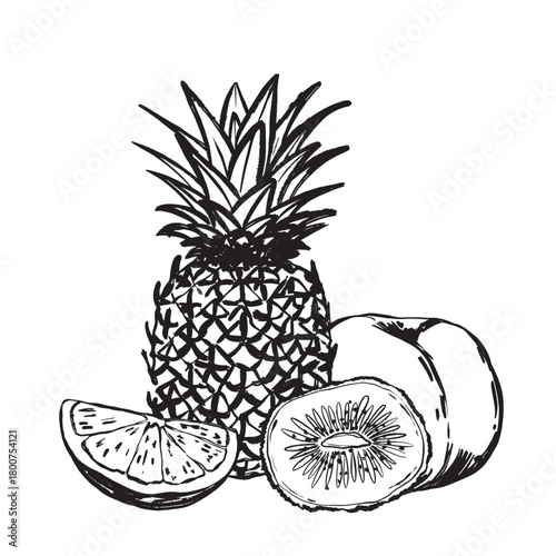 Vivid depiction of assorted tropical fruits artfully arranged