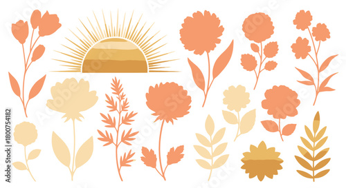 A beautiful collection of bohemian floral silhouettes, botanical elements, and a stylized sunburst in warm, earthy tones for modern design